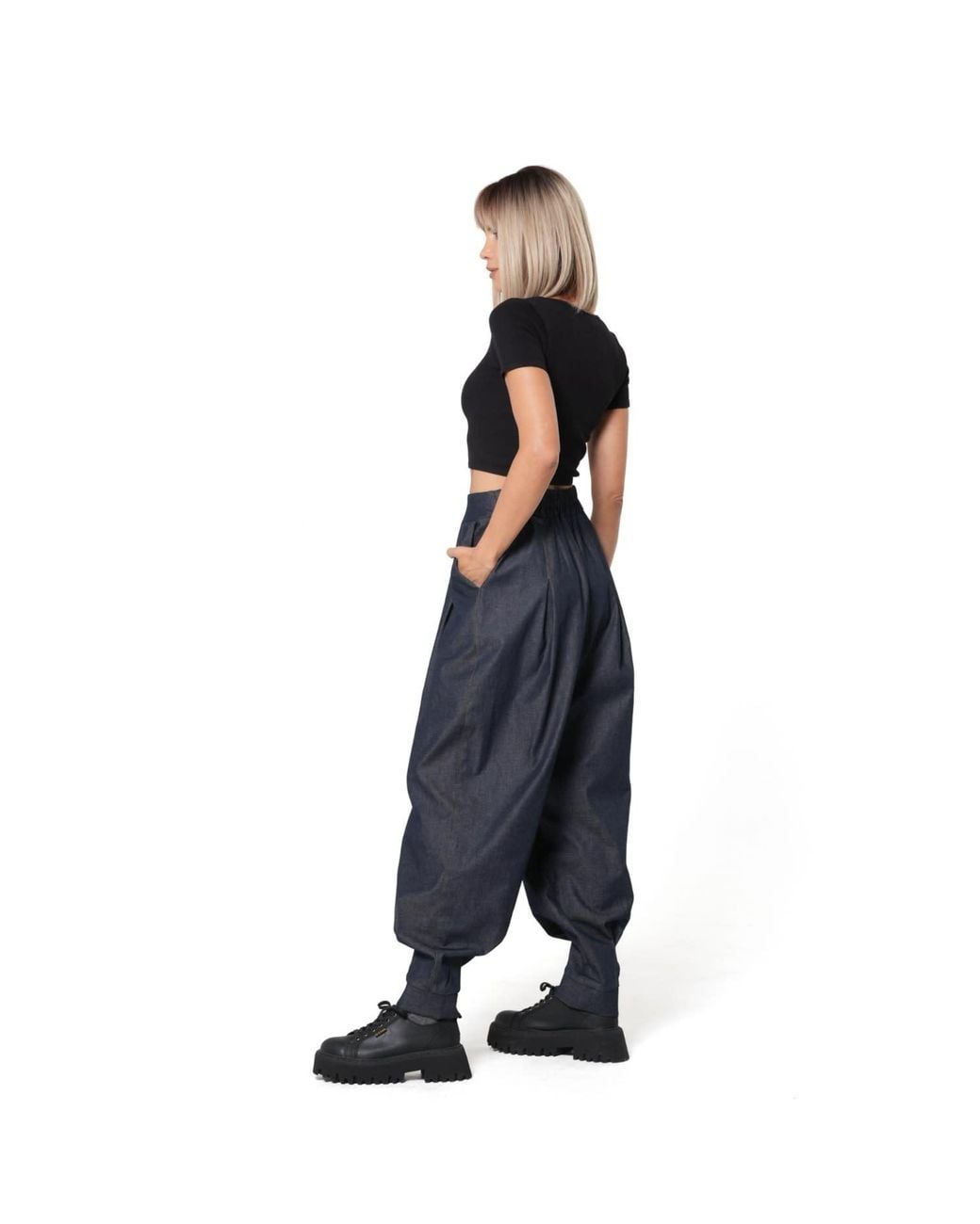 Metamorph Blue Drop Crotch Denim Trousers With Pleats And Elastic Waist