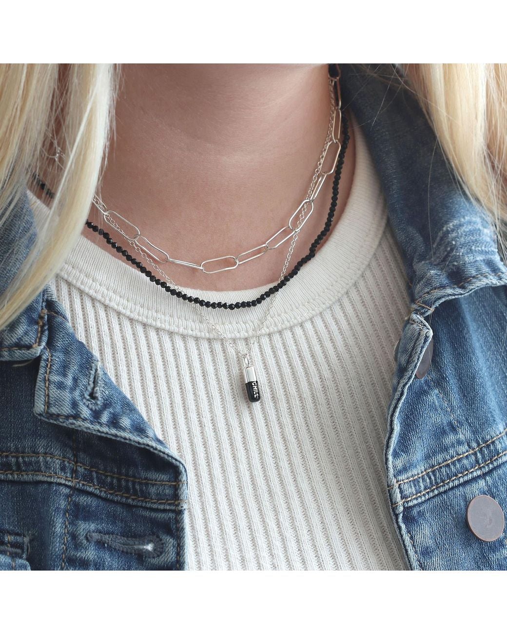 Kris Nations Metallic Chill Pill Enamel Necklace Sterling Silver & Black Enamel