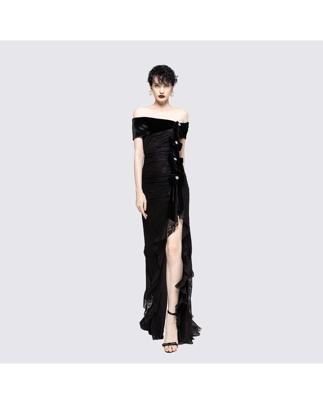 Nissa Black Bow-Detail Lace Maxi Dress