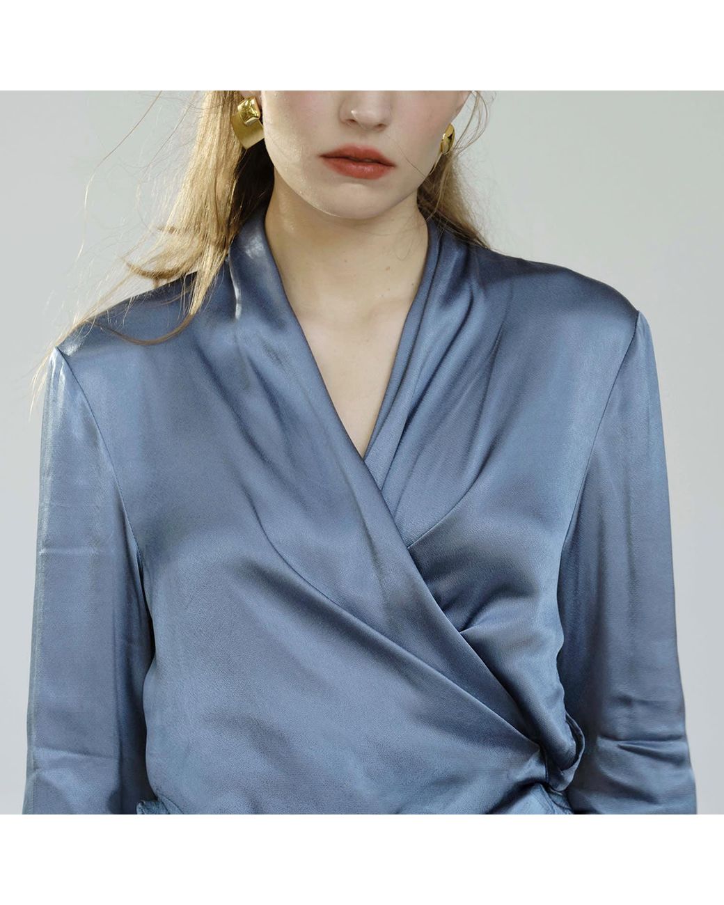 Belsize25 Blue Dusty Satin Draped Wrap Blouse