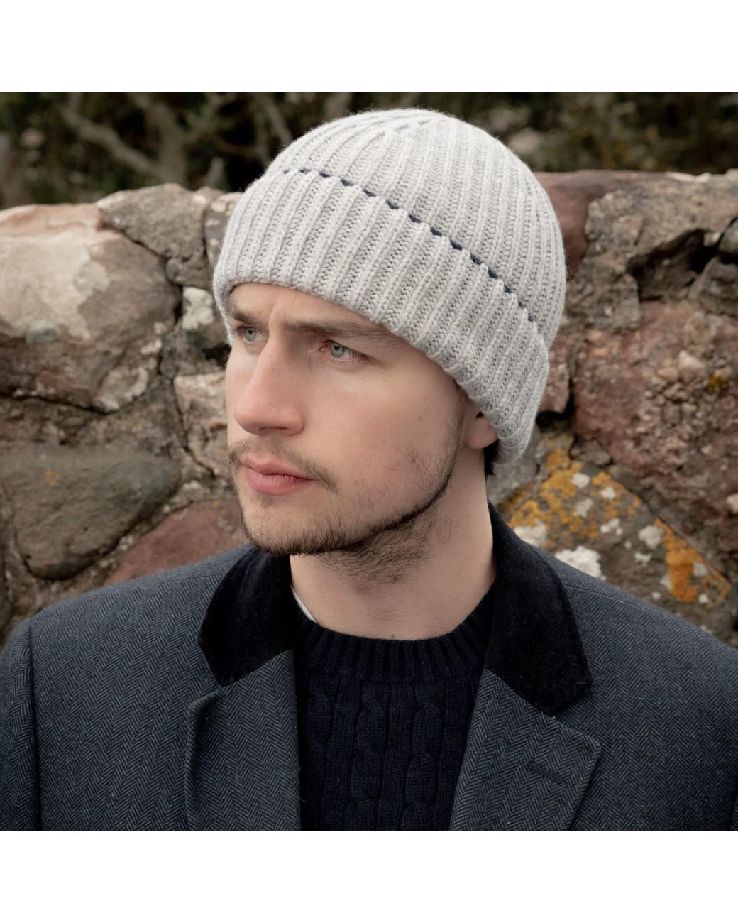 Kinalba Black Neutrals Gents Chunky Ribbed Cashmere Beanie Hat for men