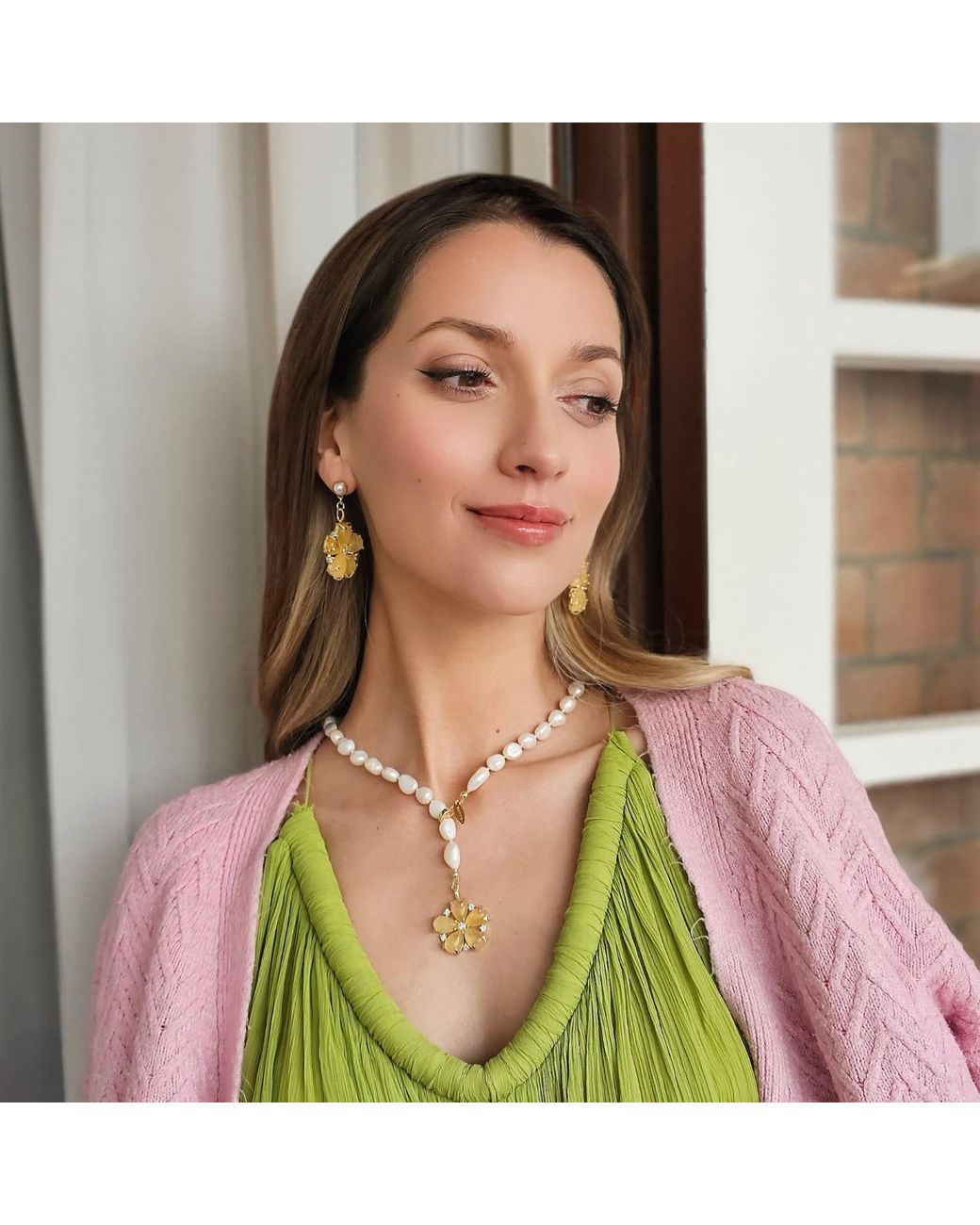 Farra Metallic Irregular Freshwater Pearls With Citrine Flower Pendant Lariat Necklace