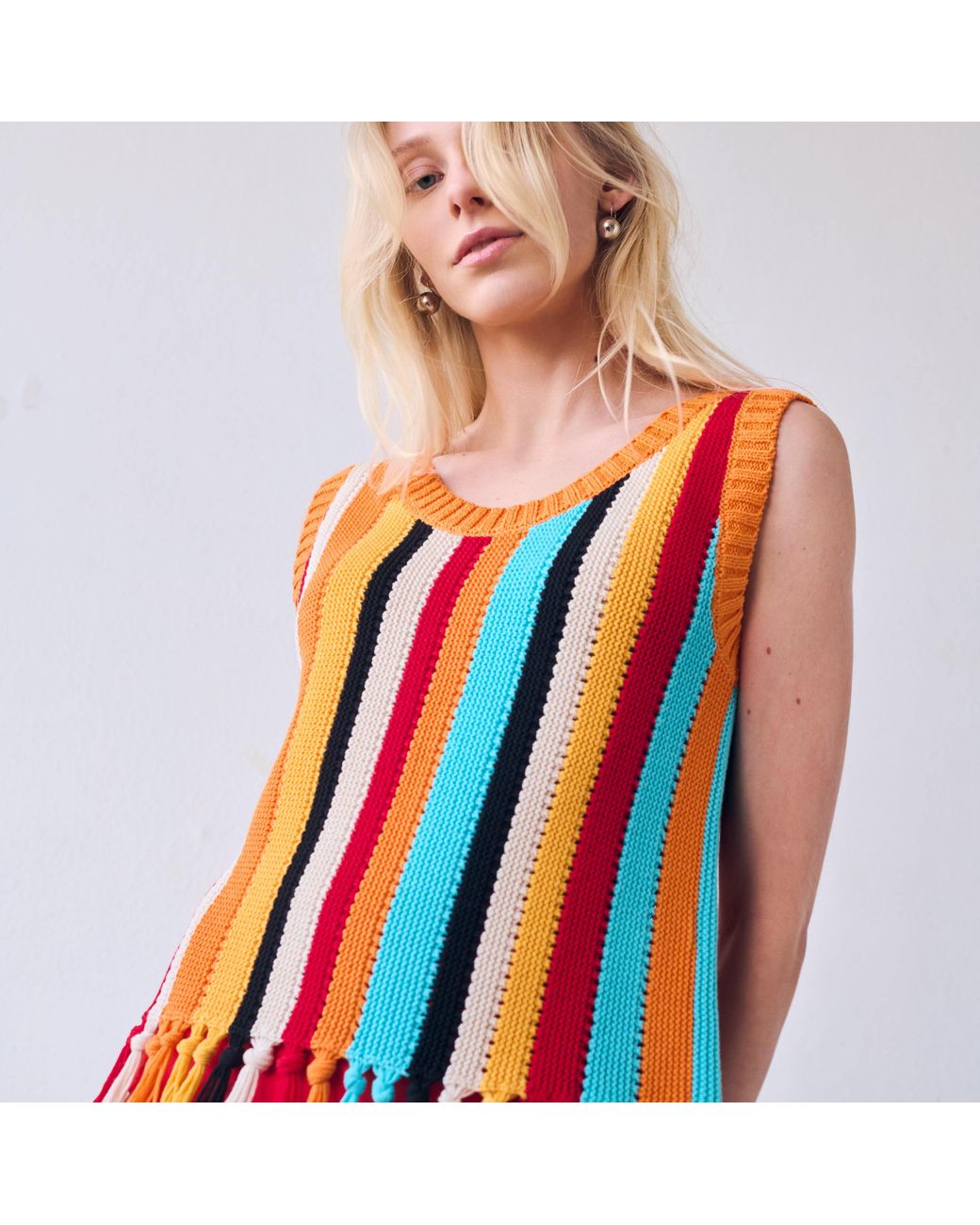 Gigi Knitwear Orange Naia Stripe Fringe Tanktop