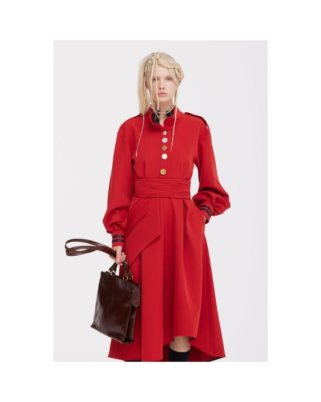 Julia Allert Red Double-Collar Belted A-Line Midi Dress –