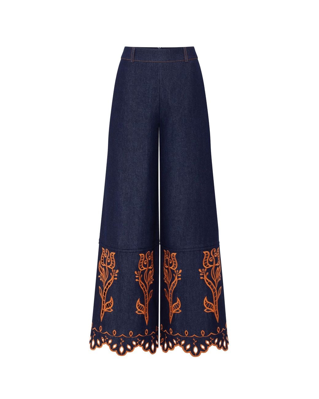 Annabo Blue Velvet Rose Embroidered Denim Wide-Leg Pants