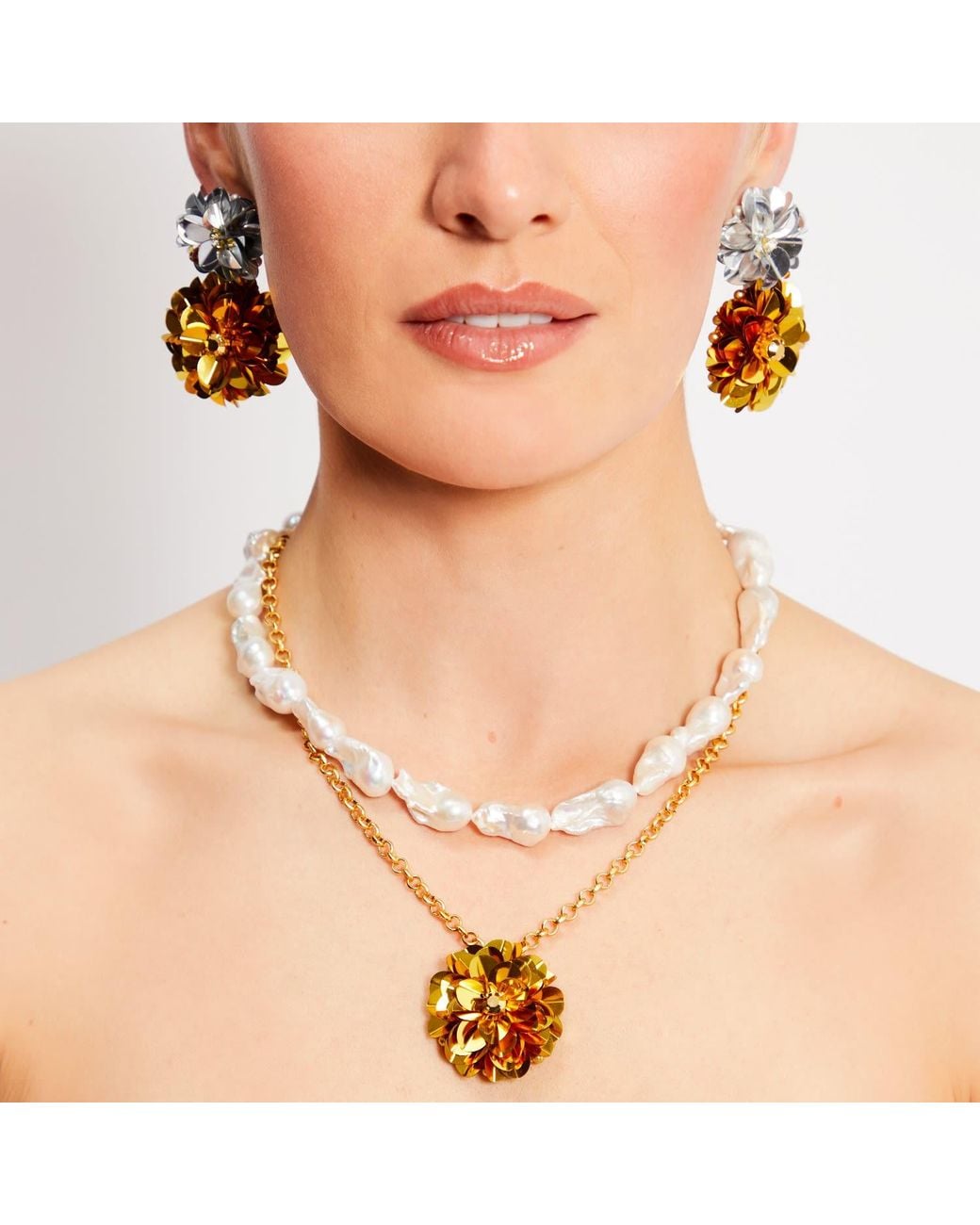 PINAR OZEVLAT Metallic Baroque Pearl Layered Blossom Necklace
