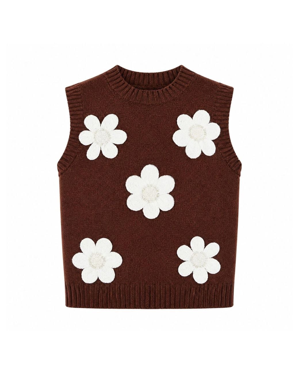 Yumi' Brown Flower Applique Knit Tank