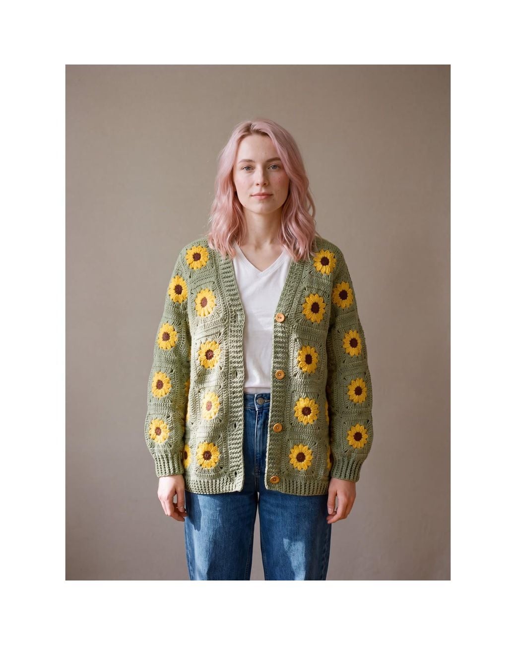 Ana Chic Green Sage Sunflower Button Front Handmade Crochet Cardigan