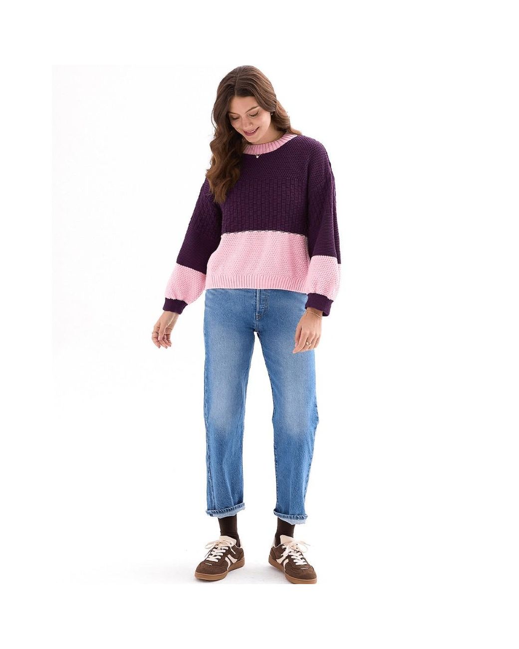 Cara & The Sky Purple Taz Colour Block Balloon Sleeve Jumper