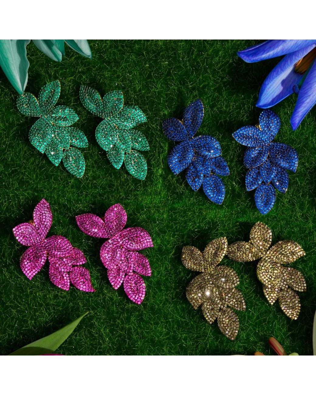 Latelita London Green Petal Cascading Flower Earrings Emerald