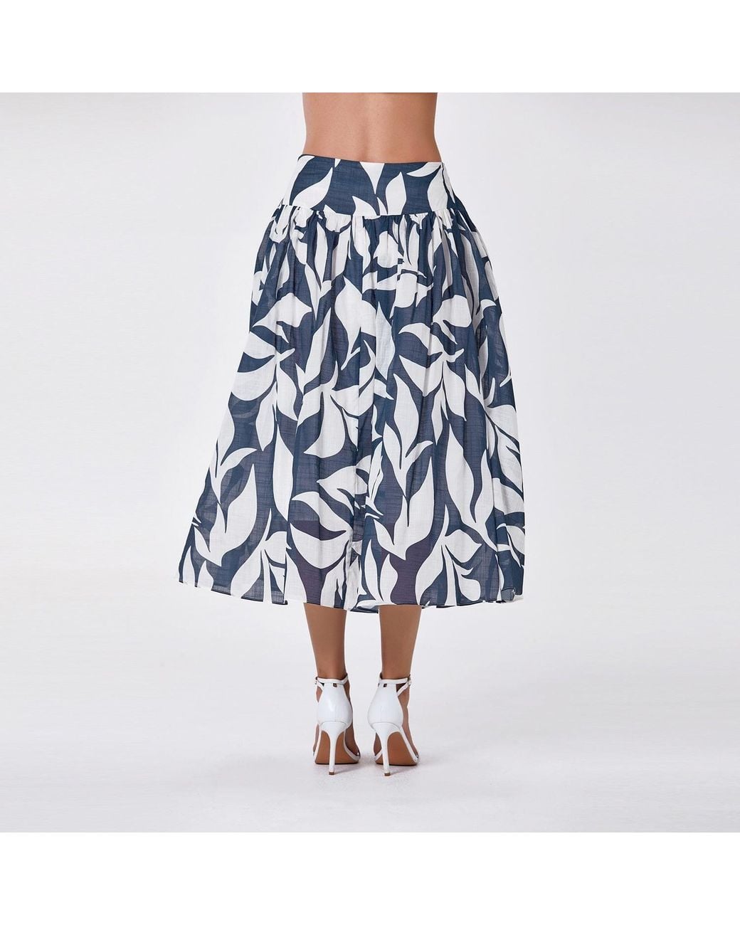 Smart and Joy Blue Midi Cotton Skirt With Leaf Print