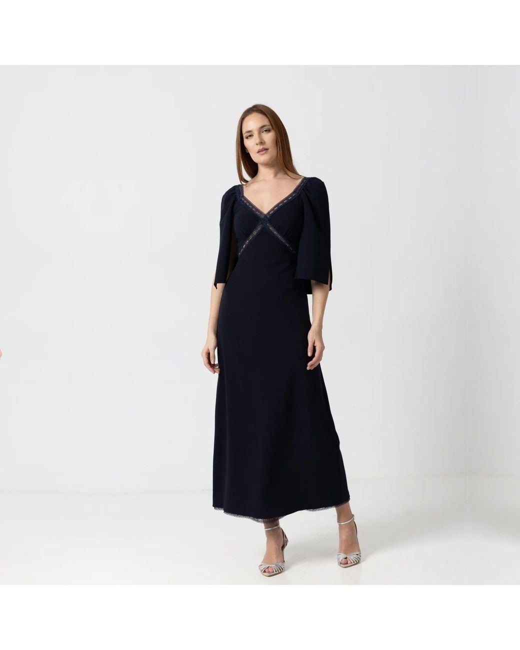 IZABELA MANDOIU Black Elegant Midi Dress With Lace Details And Cape Sleeves