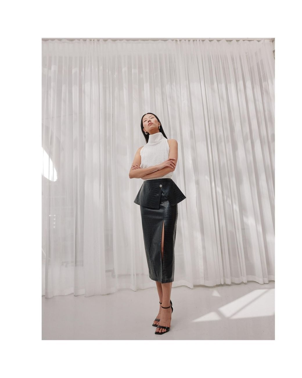 Mirimalist Black Croco Leather Midi Skirt