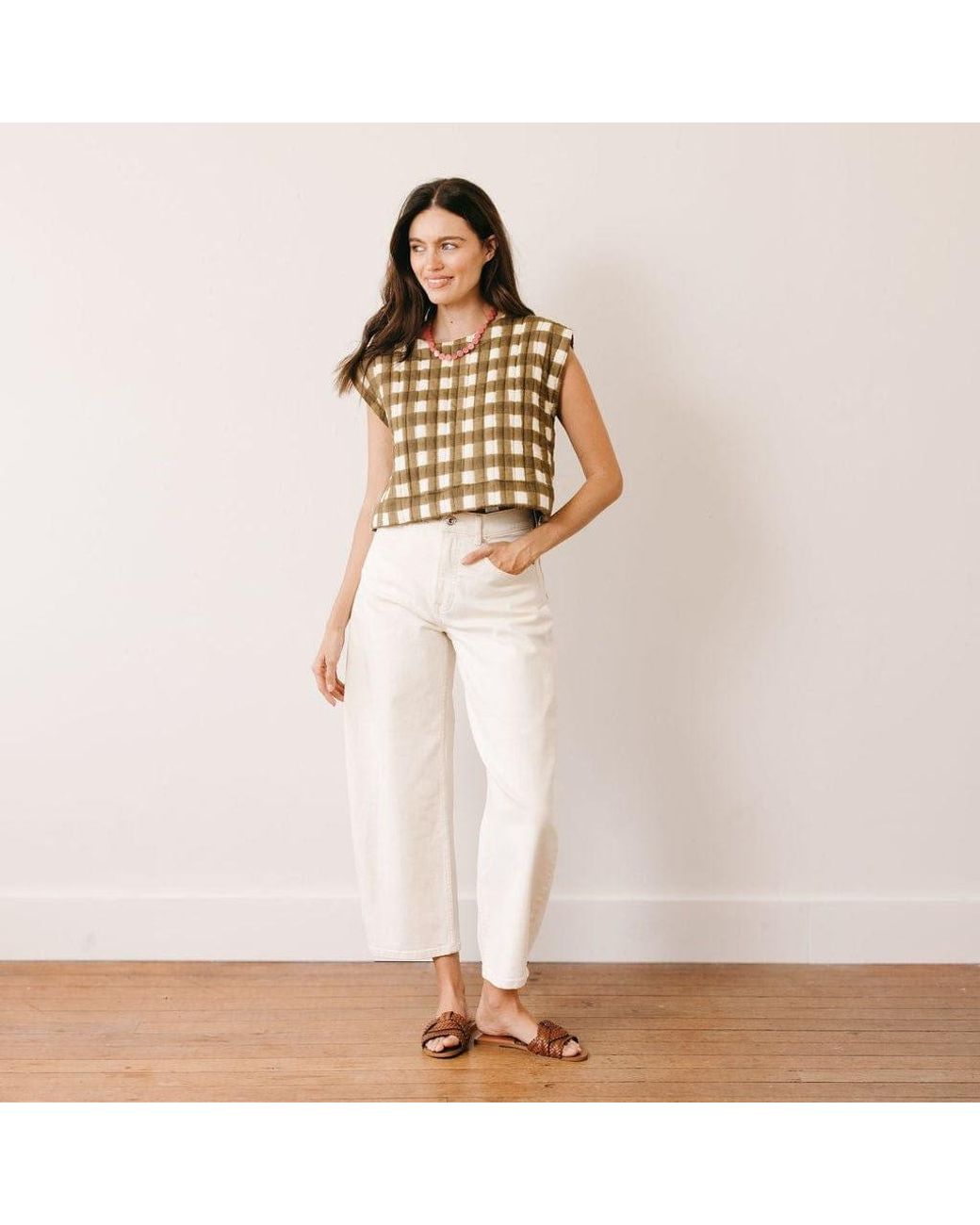 SUNSHINE TIENDA Green Painted Gingham Quilted Greta Top