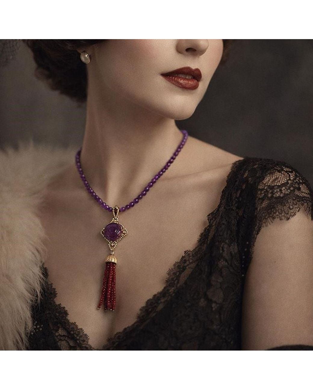 Bellus Domina Multicolor Sterling Silver Amethyst & Garnet Tassel Necklace
