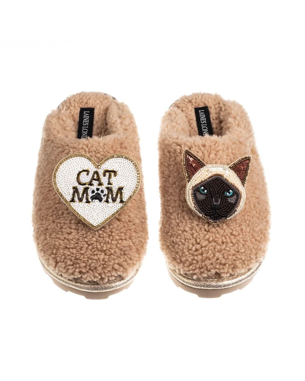 Laines London Metallic Neutrals Teddy Closed Toe Slippers With Cat Mum Mom & Siamese Cat Brooches