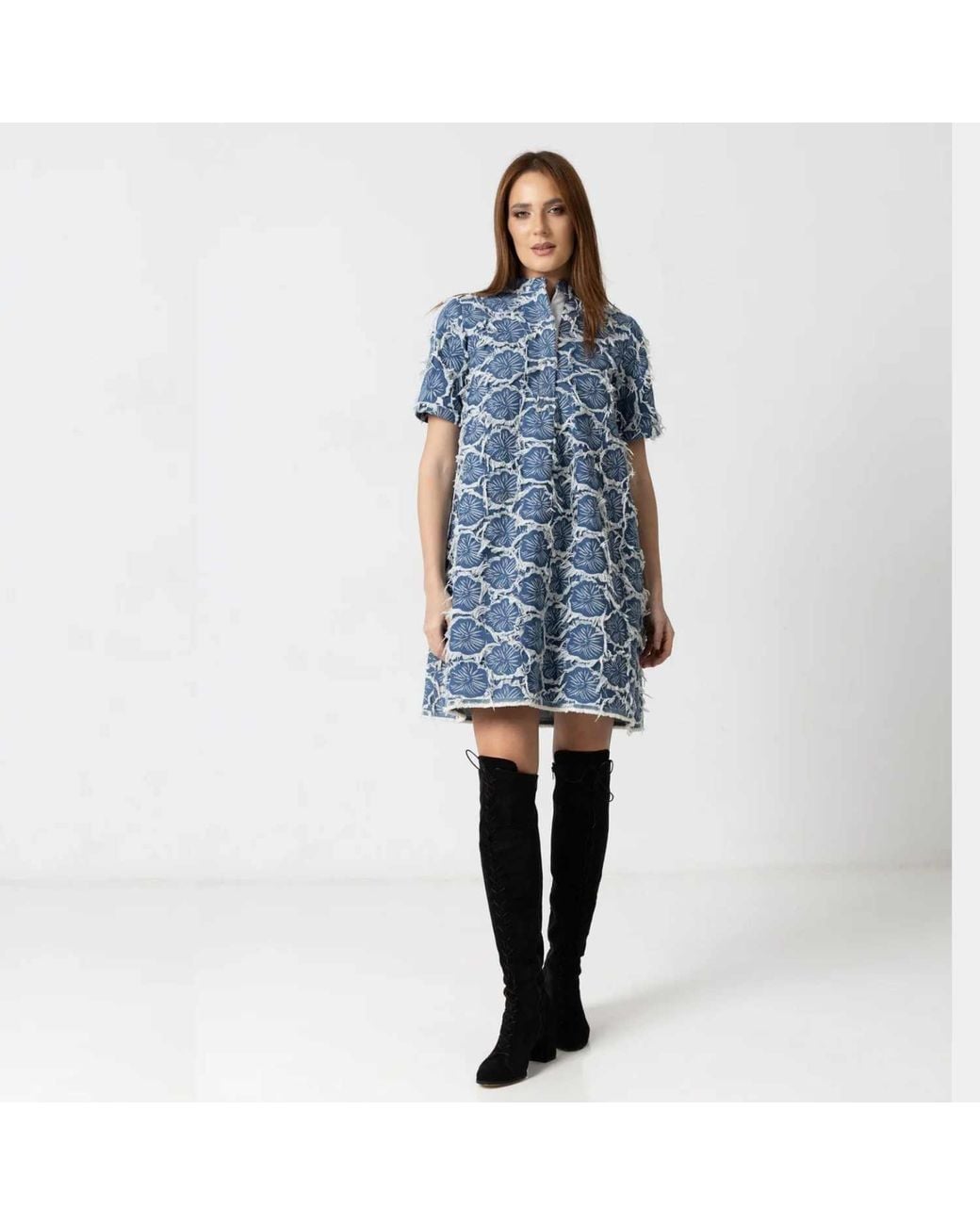 IZABELA MANDOIU Blue Light Denim Mini Dress With Floral Embroidery & Fringe