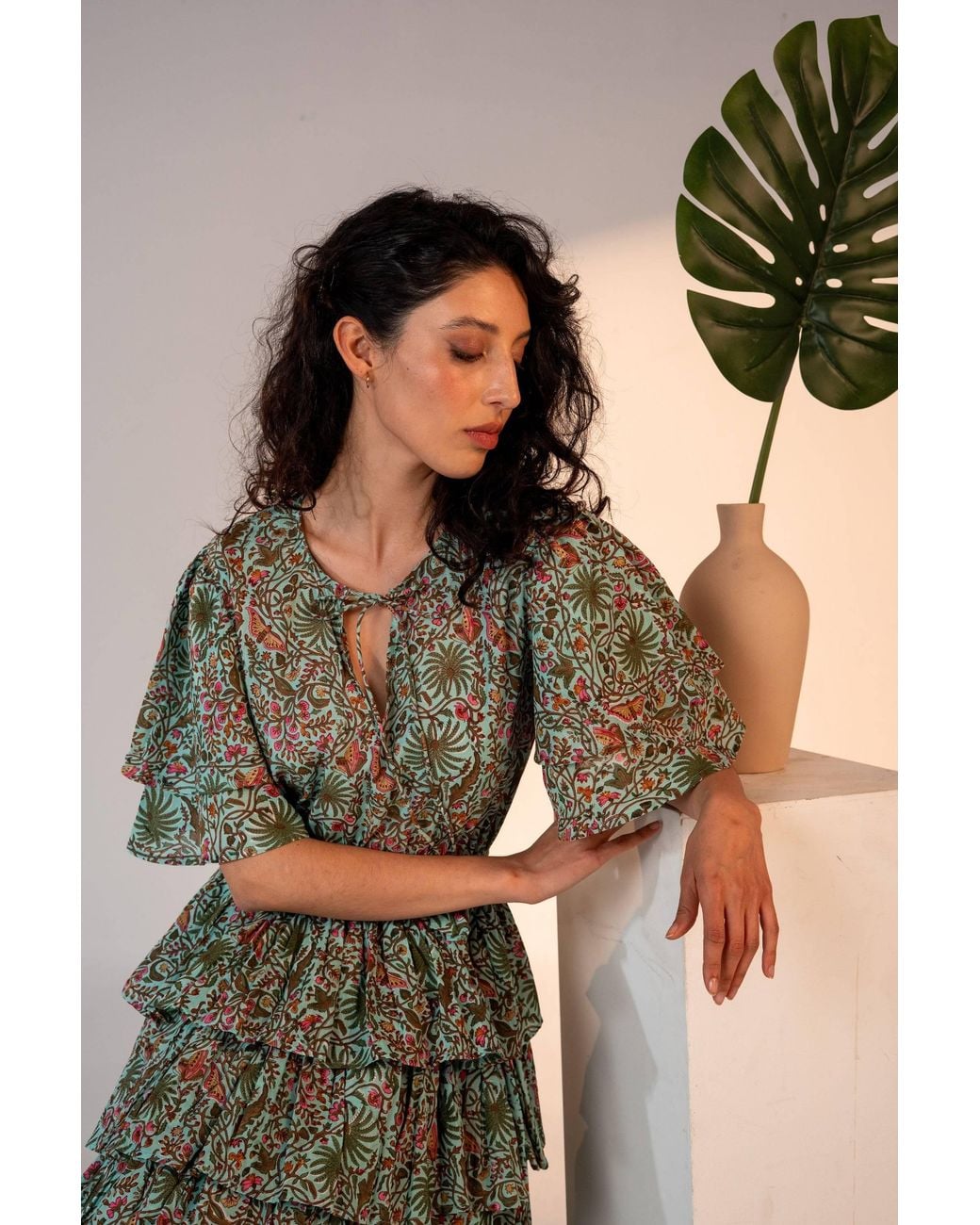 Carolina Benoit Green Palm Springs Clinched Waist Dress Print