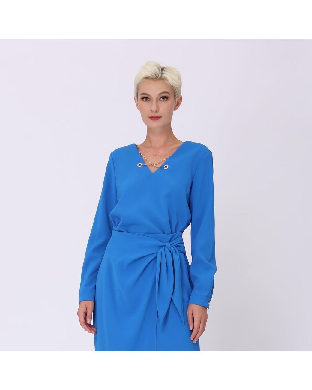 Smart and Joy Blue V-Neck Blouse And Decorative Chain