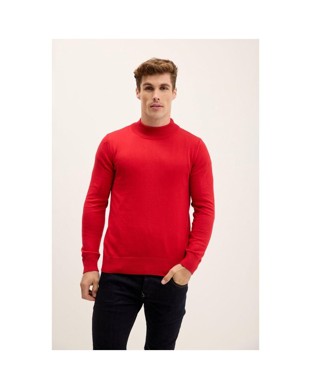 Ron Tomson Red Mock Neck Relaxed Sweater for men