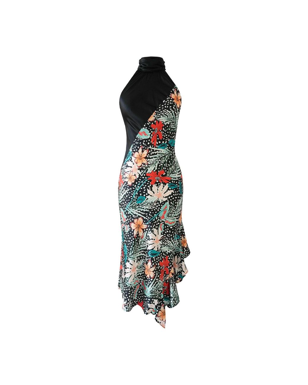 Solgo Atelier Blue Yera Sleevless Floral Printed Silk Midi Dress With Contrasting Gathered Mock Neck And Stylized Side Ruffle Slit