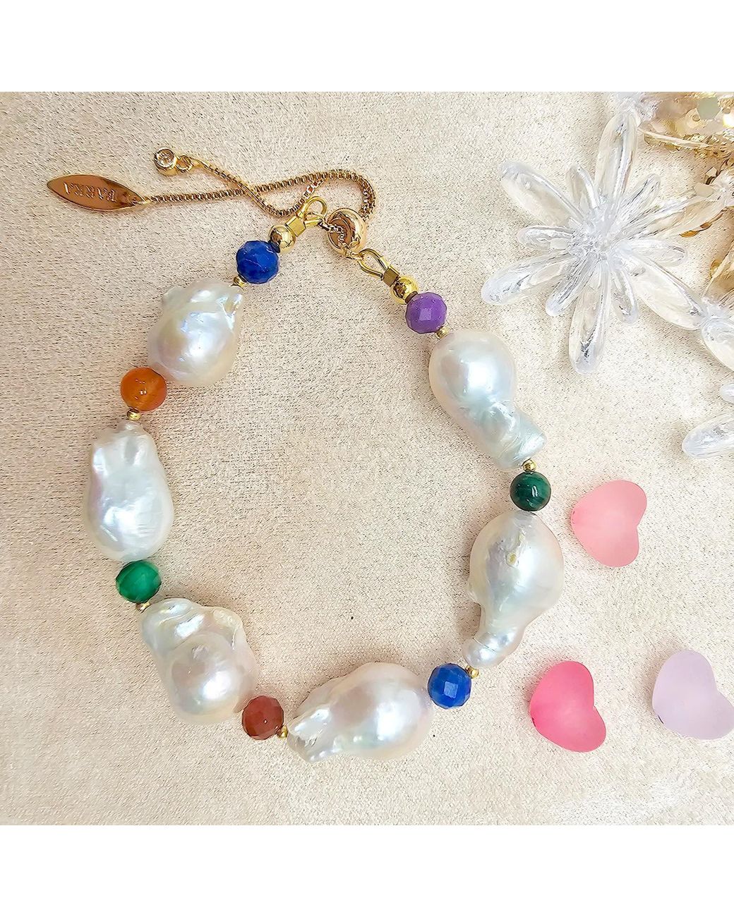 Farra Metallic Baroque Pearl With Colorful Gemstone Bracelet