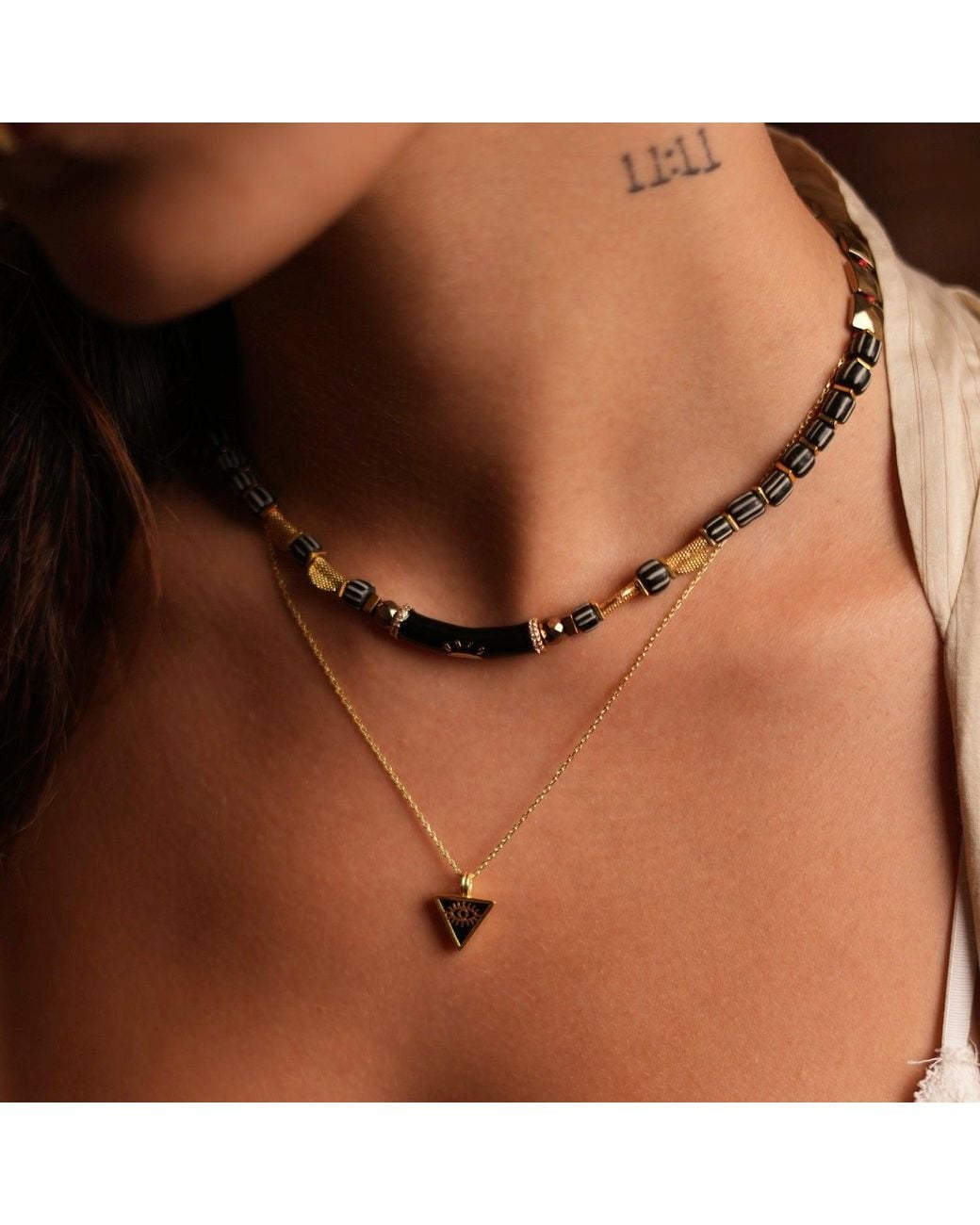 Ebru Jewelry Metallic Onyx & Triangle Pendant Evil Eye Talisman Necklace
