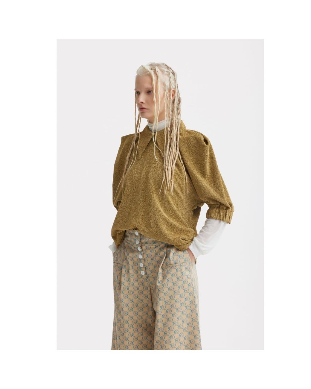 Julia Allert Green Evening Metallic Knit Puff Sleeve Blouse