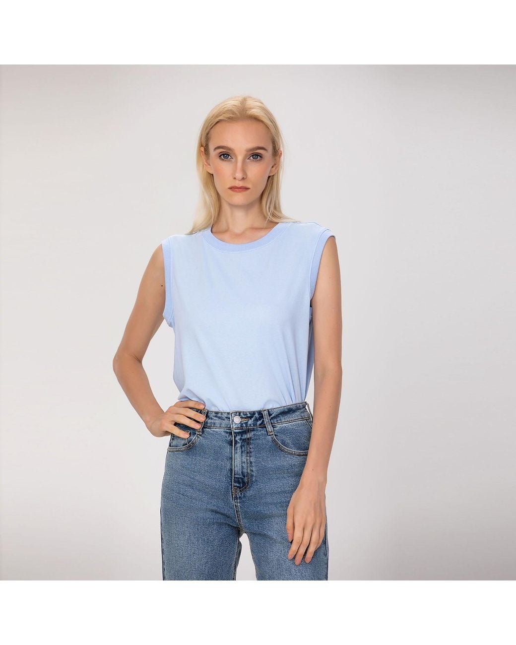Smart and Joy Blue Sleeveless Cotton Blend Tank Top