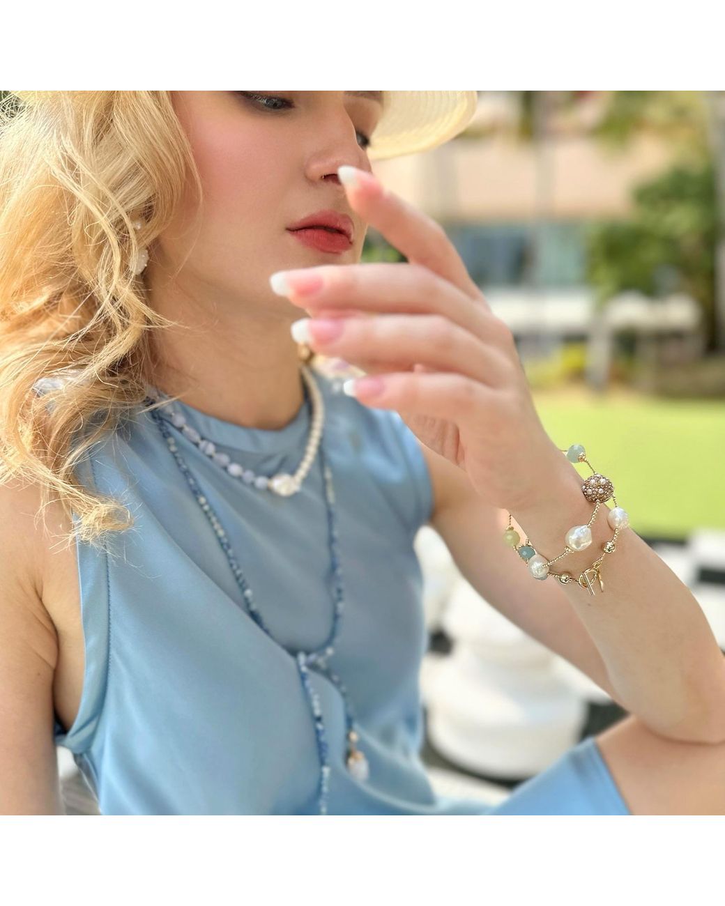Farra Metallic Baroque Pearl With Aquamarine Double Layers Bracelet