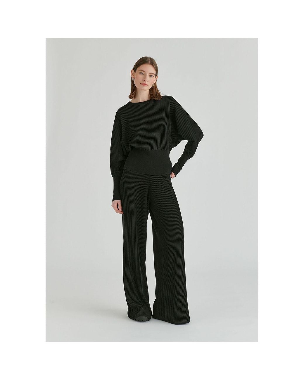 Paisie Black Ribbed Trousers With Wide Waistband