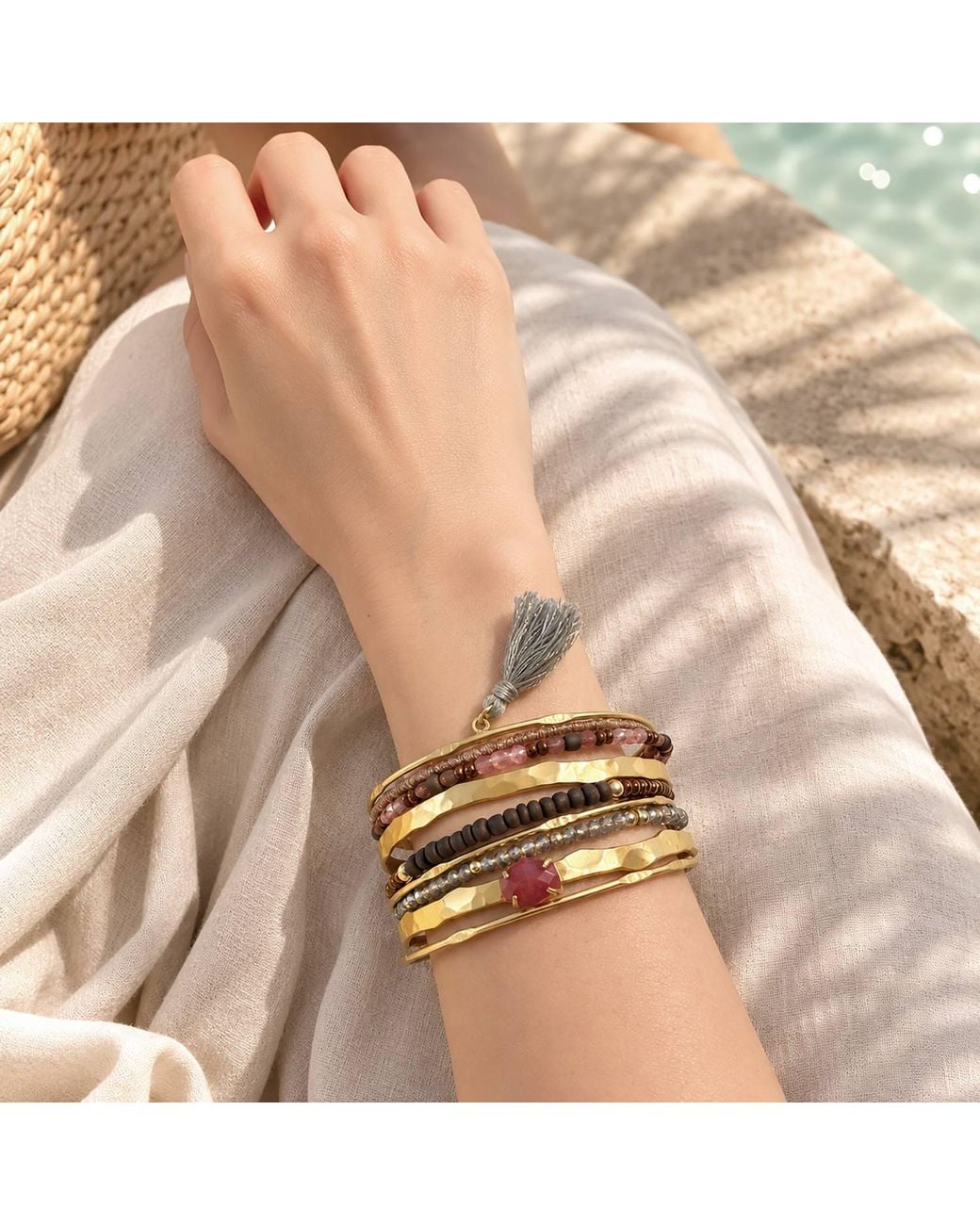 Rare Matters Jewelry Metallic Boho Beaded Hammered Wire Cuff Bracelet With Jade & Tassel
