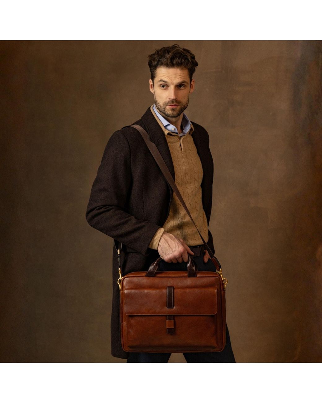 Time Resistance Brown Large Leather Briefcase Laptop Bag for men