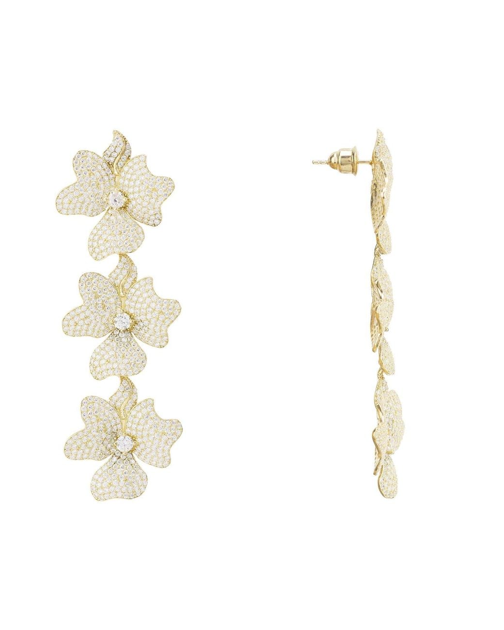 Latelita London Metallic Jasmine Flower Triple Drop Earrings Gold
