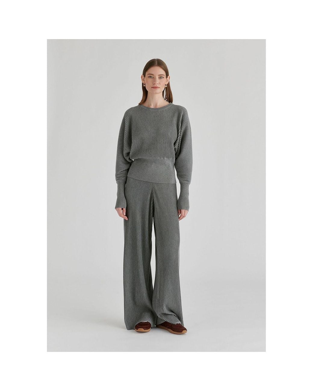 Paisie Gray Ribbed Trousers With Wide Waistband