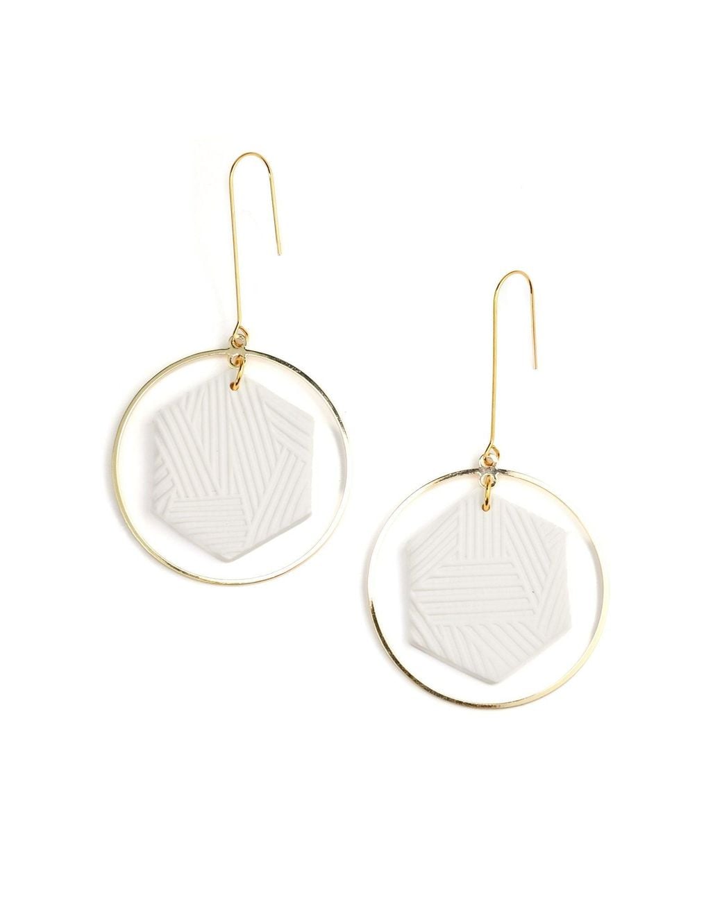 By Chavelli White Hexagon Halo Dangly Earrings