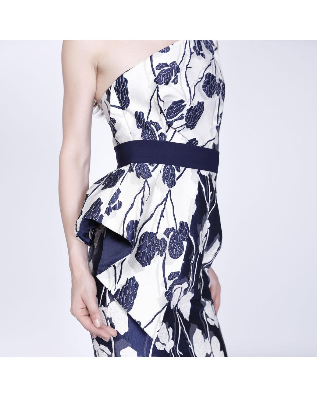 Smart and Joy Blue Sculptural Flower Jacquard Bustier Dress