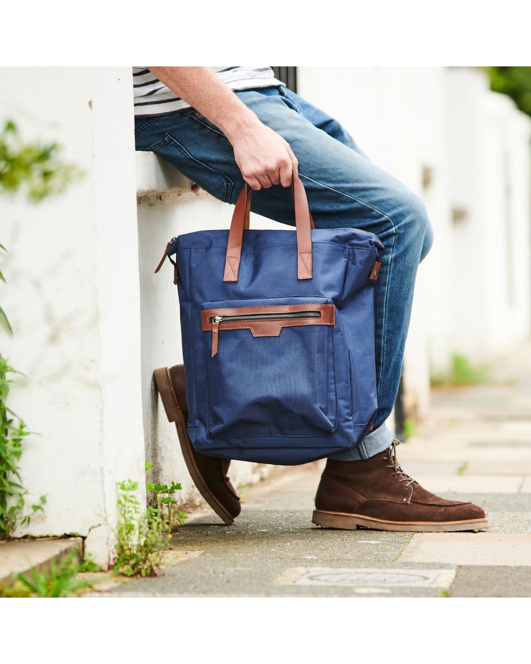 VIDA VIDA Blue Leather Trim Top Zip Backpack