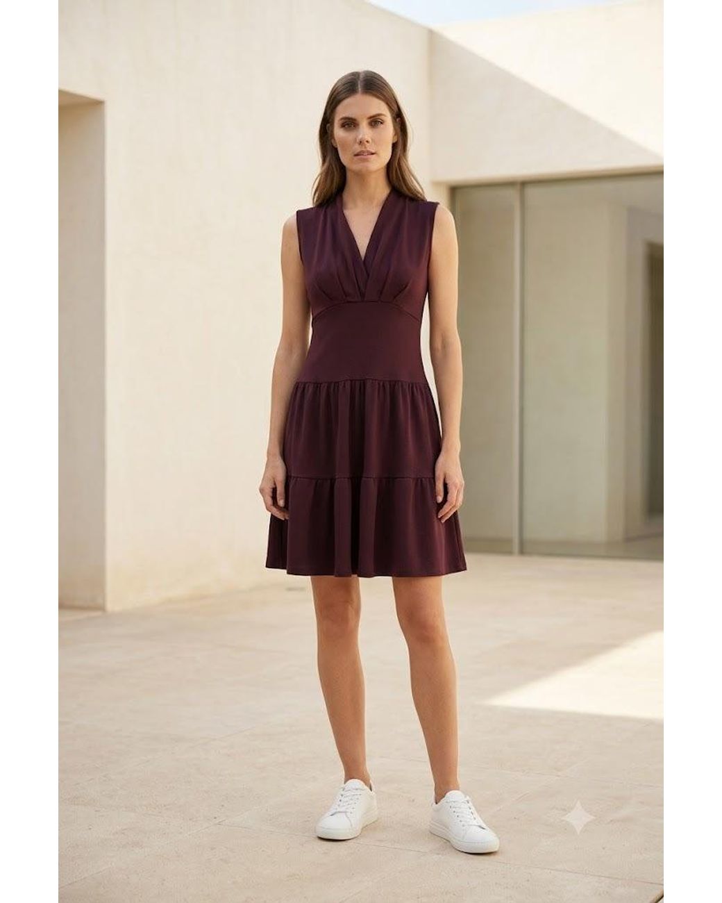 Conquista Purple Draped Bodice Tiered Mini Dress