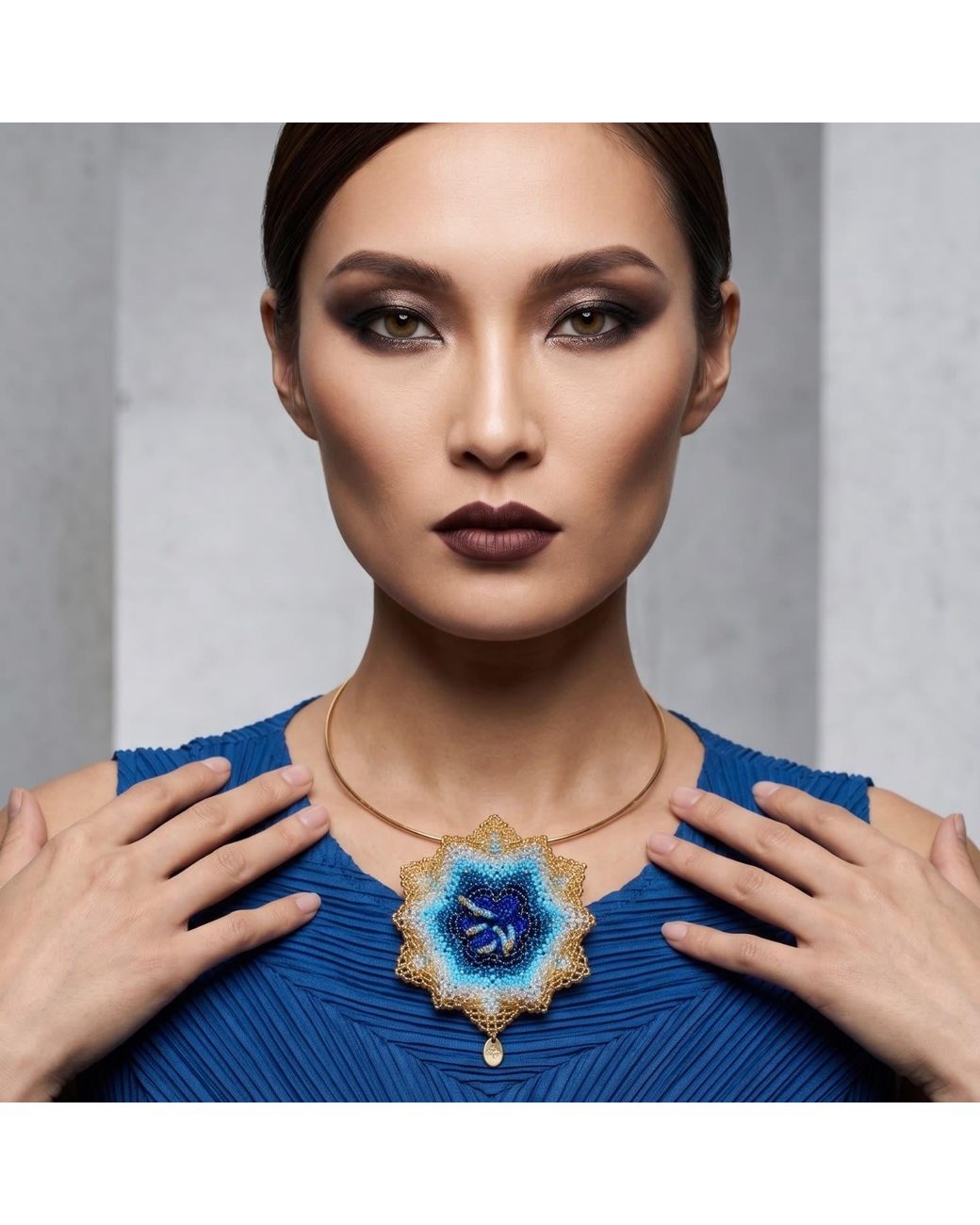 Iliana Arrazola Blue Pasiflora Flower Choker, Glass Beads, Beaded Jewelry
