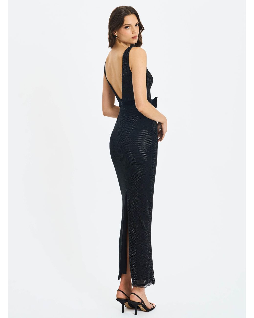 Miss Circle New York Black Olympia Belted Bow Plunging Rhinestone Maxi Dress