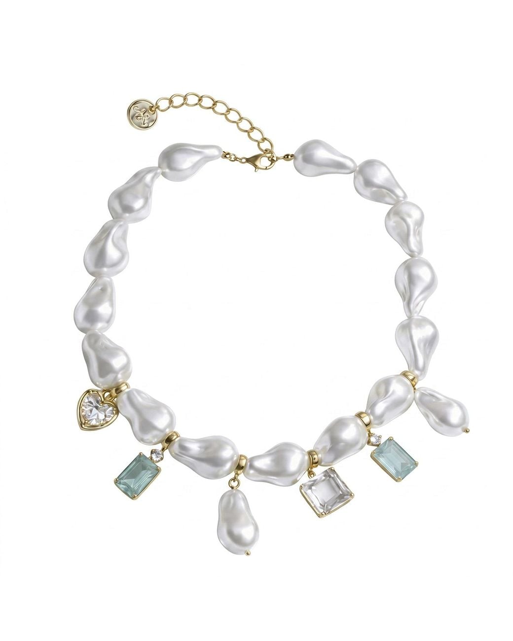 Mercela Metallic Majorca Pearl Charm Necklace Heart Charm Cz Crystal Pendants – Plated Vintage Inspired Jewellery