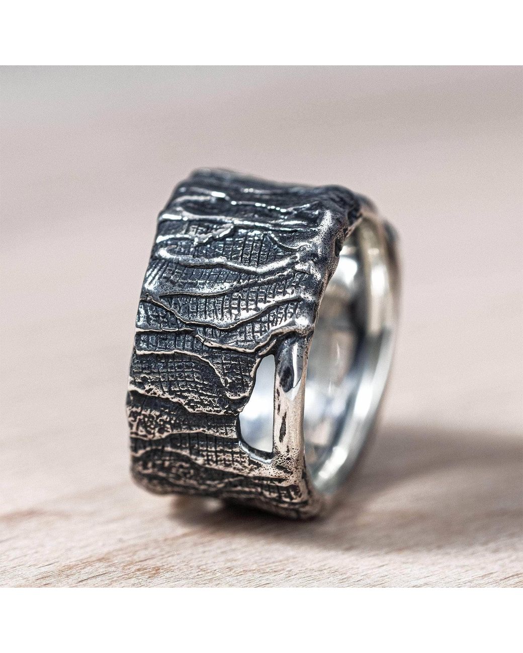 German Kabirski Metallic Veldt Oxidized Ring With Organic Wrinkled Texture for men