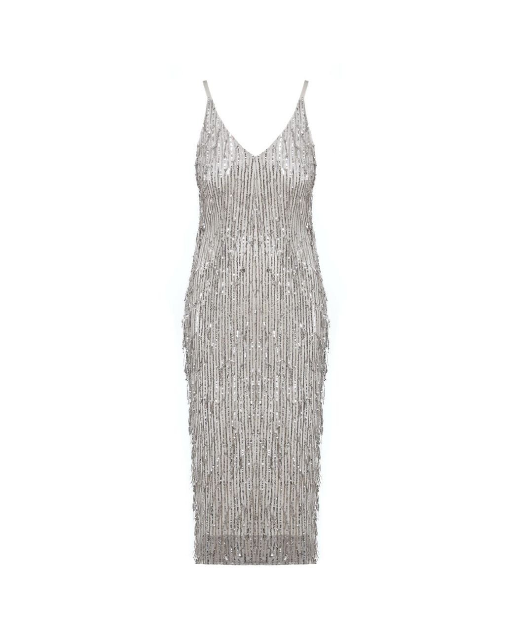 UNDRESS Pamela Silver Sequin Fringe Midi Slip Dress in Metallic | Lyst