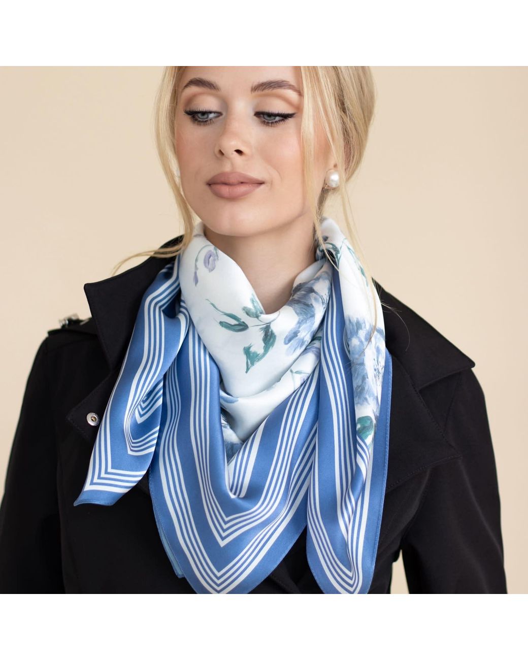 RainSisters Blue Large Floral Natural Silk Scarf