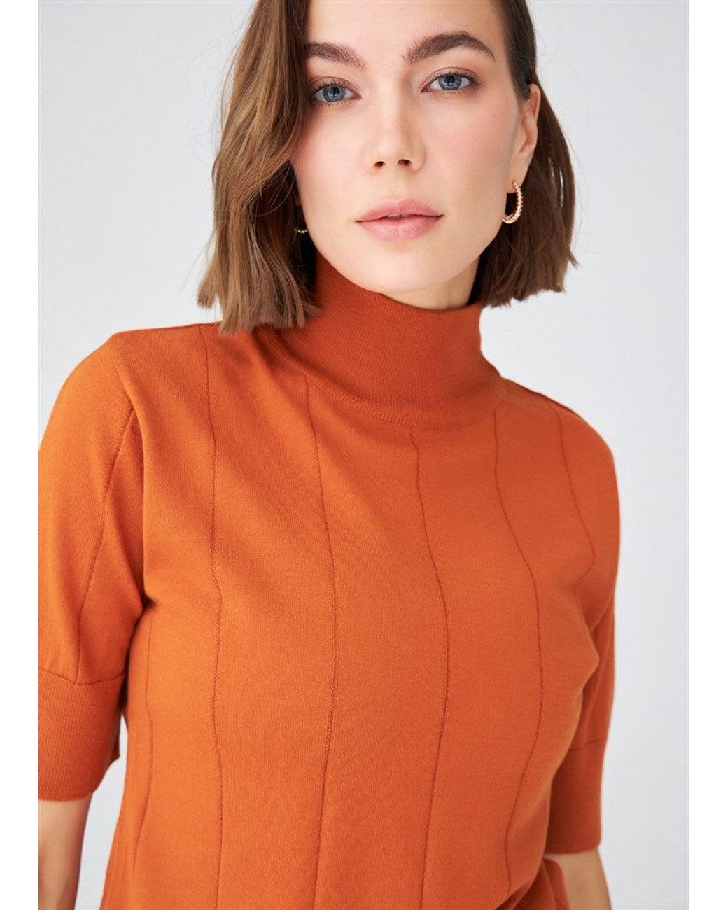 Peraluna Brown Betty High Neck Short Sleeve Knitwear Fine Blouse