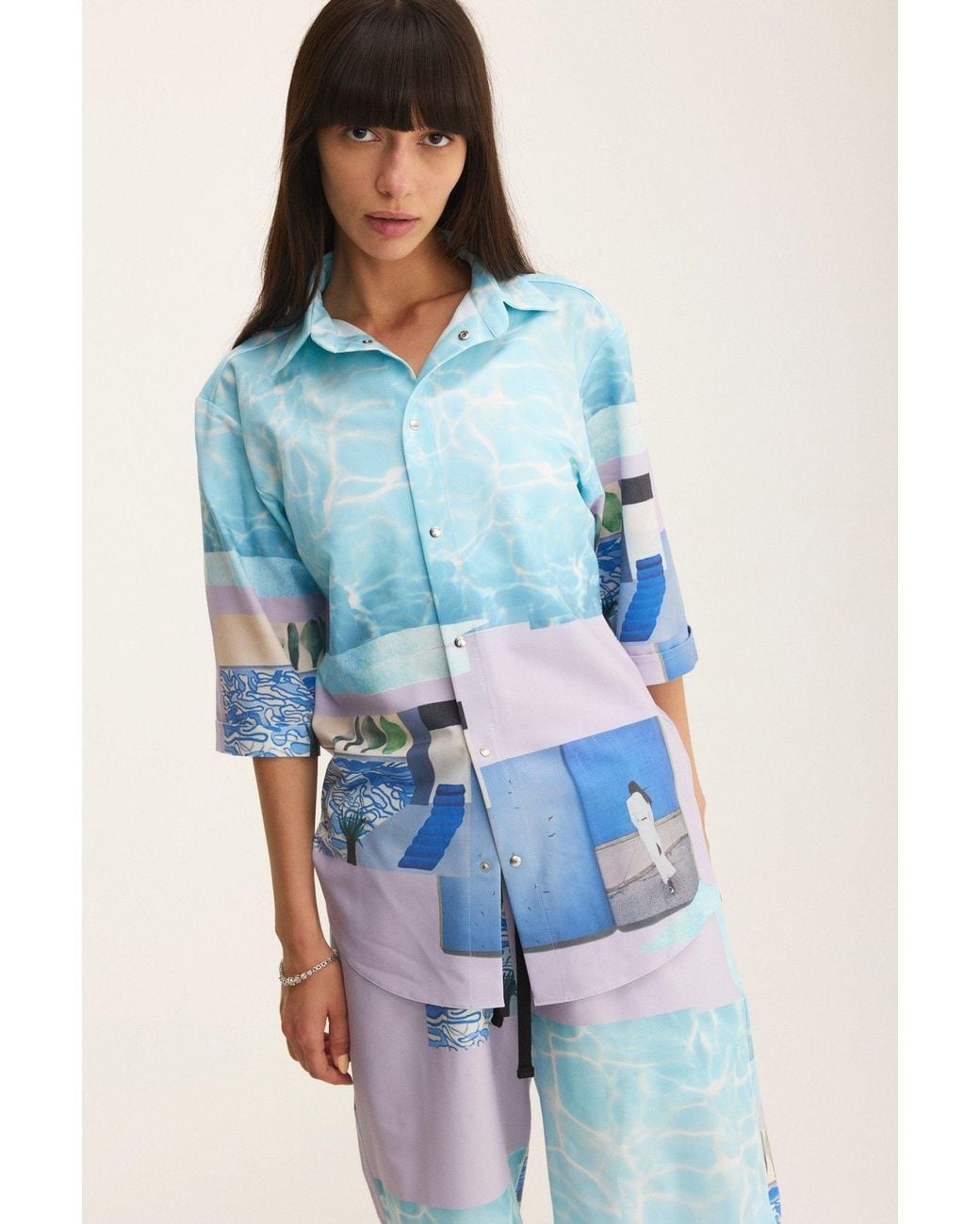 mysimplicated Blue Short Sleeve Shirt And Bermuda Set With Water Design