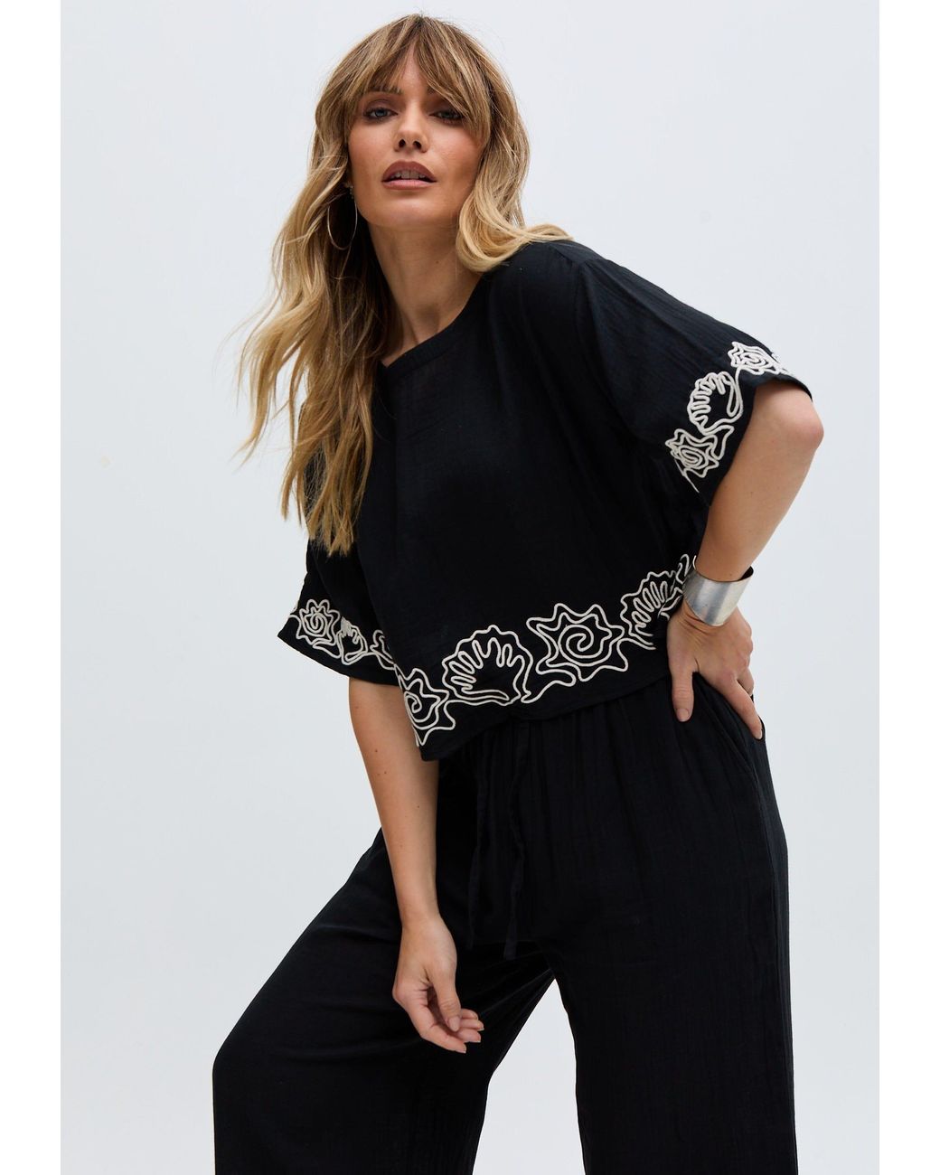 Raffya Black Milly Embroidered Split Open Back Blouse