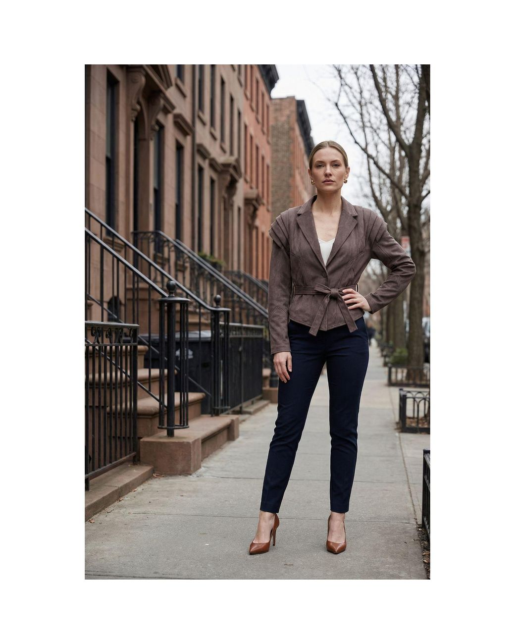 Modenaire Brown Suede-Effect Structured Shoulder Jacket Tailored Fit