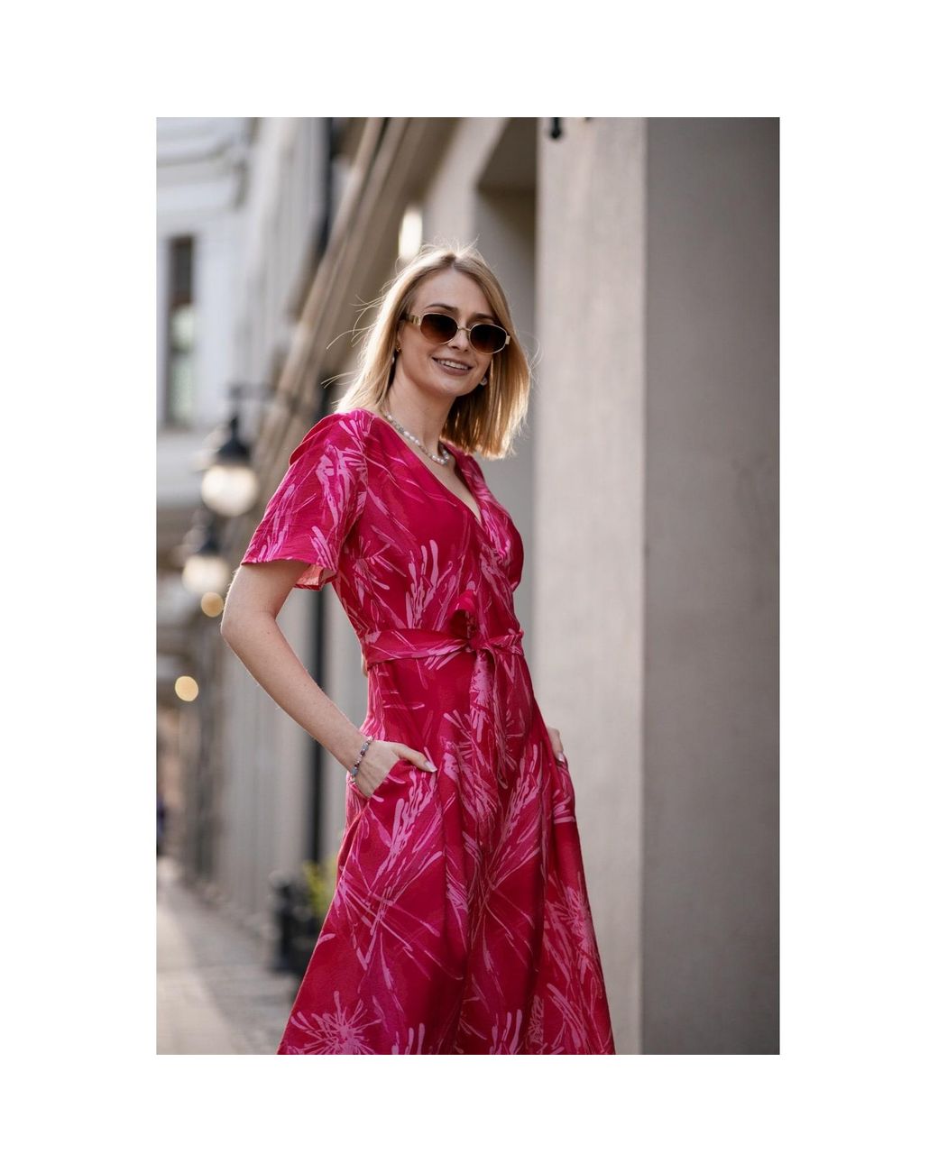 Oh!Zuza Pink Rose Echo Viscose Wrap Dress With Pockets